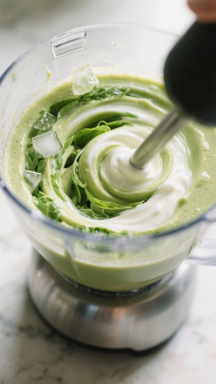 Close-up, action process shot of the smoothie mid-blend in a high-speed blender: liquid-first techni