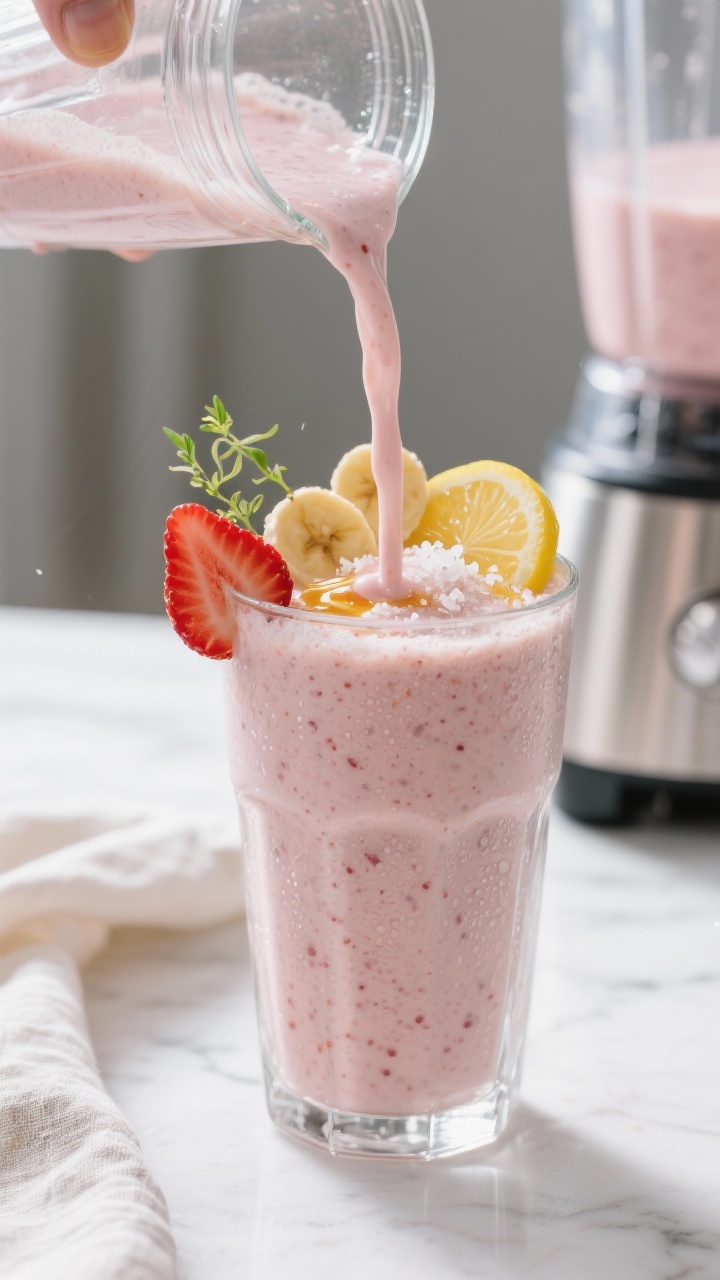 Close-up action shot: freshly blended strawberry banana smoothie being poured in a silky ribbon from