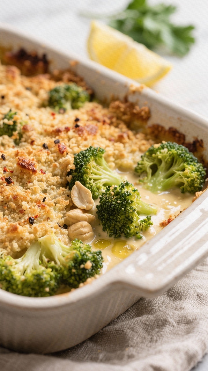 Close-up detail: A baked vegan broccoli casserole just out of the oven, showing tender, bright-green