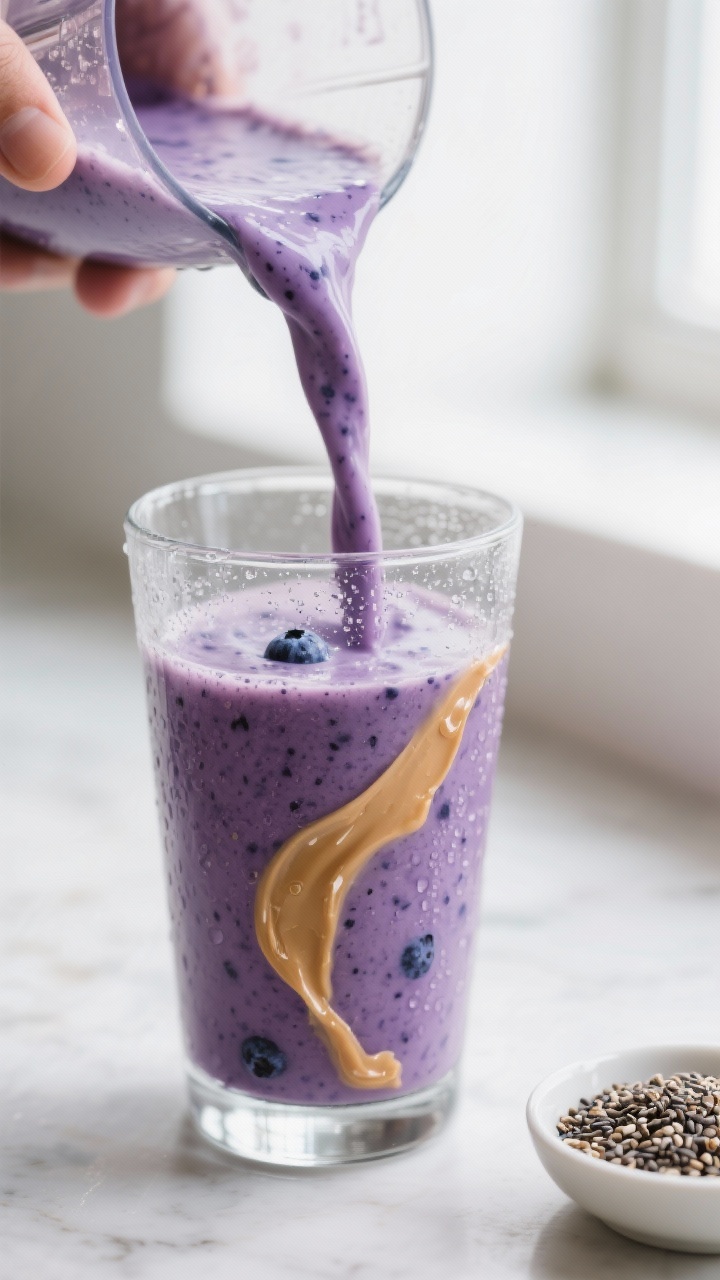 Close-up detail: A creamy Blueberry Almond Smoothie being poured from a blender into a chilled clear