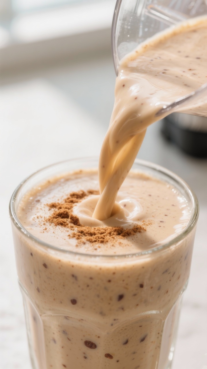 Close-up detail: A freshly blended Banana Date Smoothie being poured in a silky ribbon into a chille