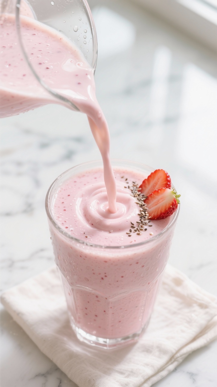 Close-up detail: A freshly blended strawberry yogurt smoothie being poured into a chilled clear glas