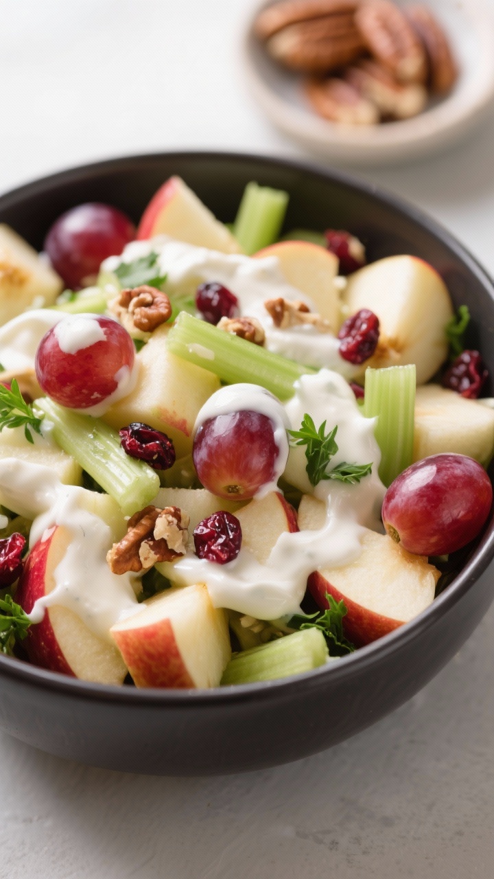 Close-up detail: A glossy bowl of the prepared Holiday Apple Salad just after tossing—creamy yogur