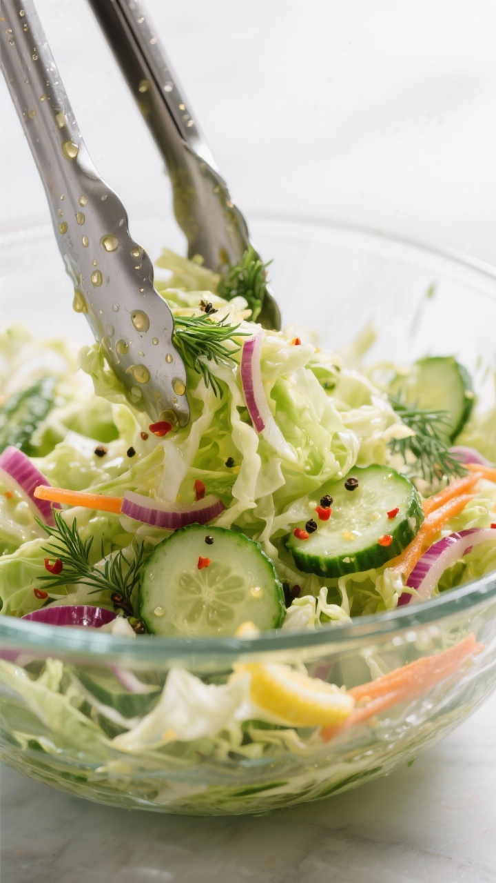 Close-up detail: A ready-to-serve Cabbage Cucumber Salad being tossed in a large glass bowl with ton