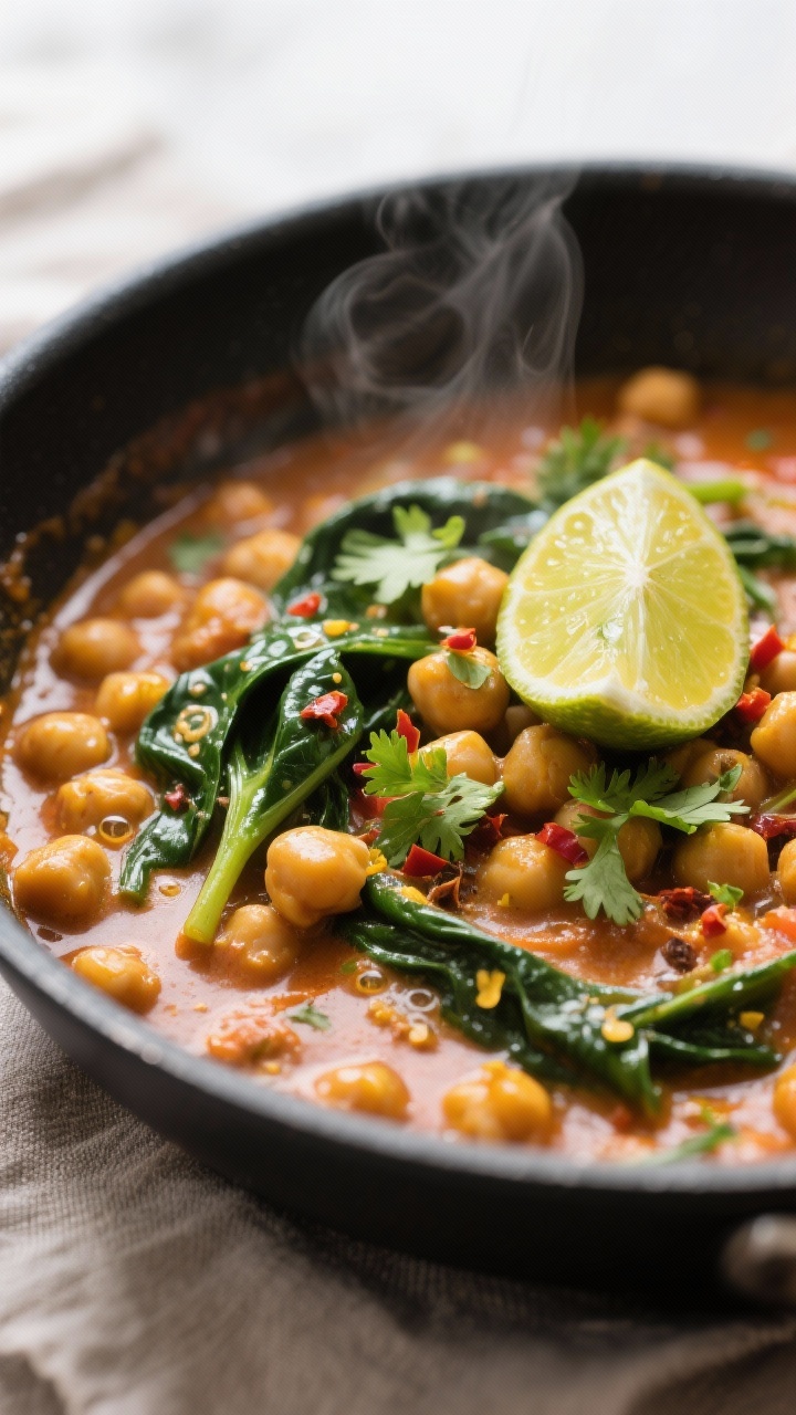 Close-up detail: A velvety chickpea curry simmering in a shallow skillet, showing plump chickpeas co