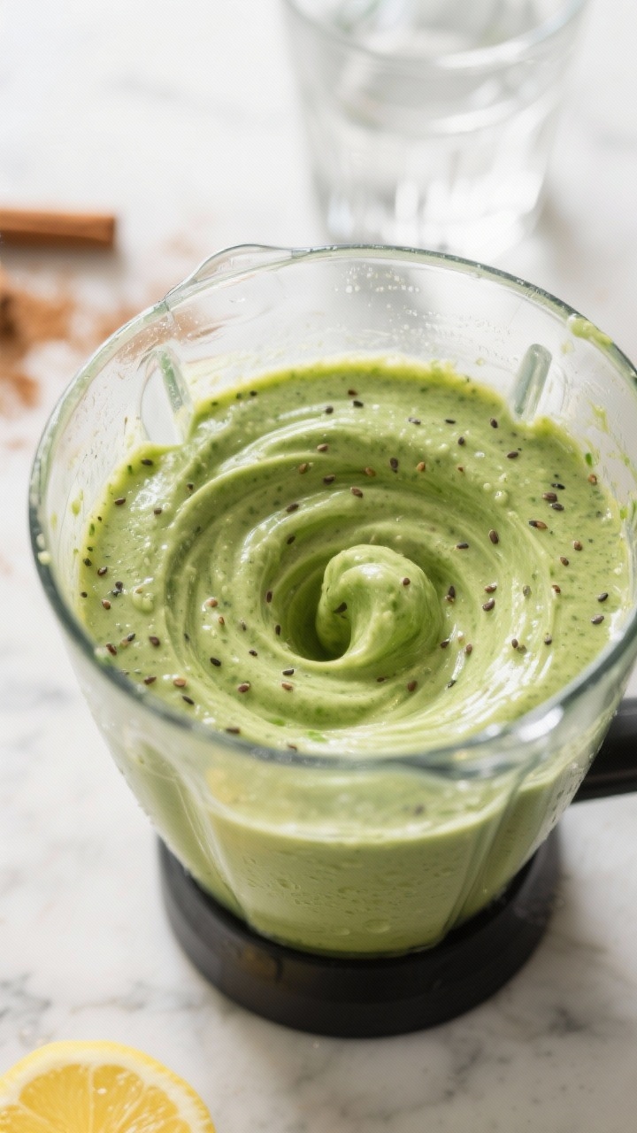 Close-up detail/cooking process: Silky green spinach avocado smoothie mid-blend in a high-speed blen