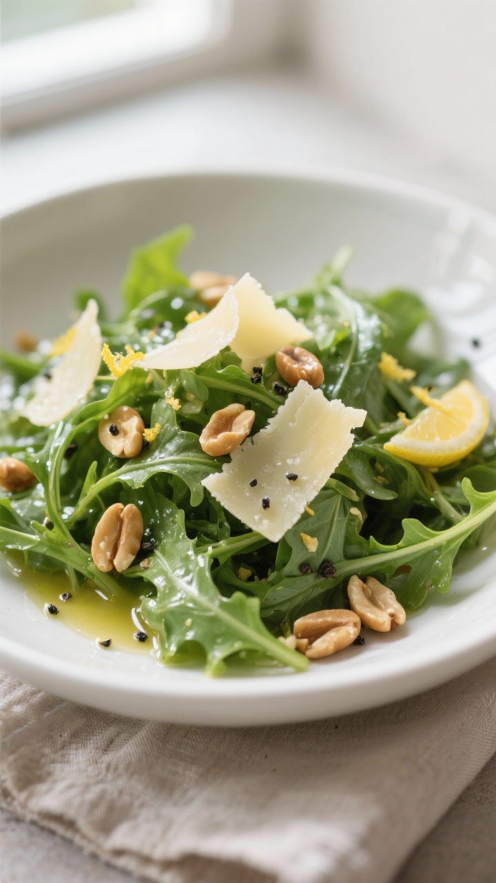 Close-up detail: Freshly tossed arugula salad with a light sheen of lemon-olive oil vinaigrette clin
