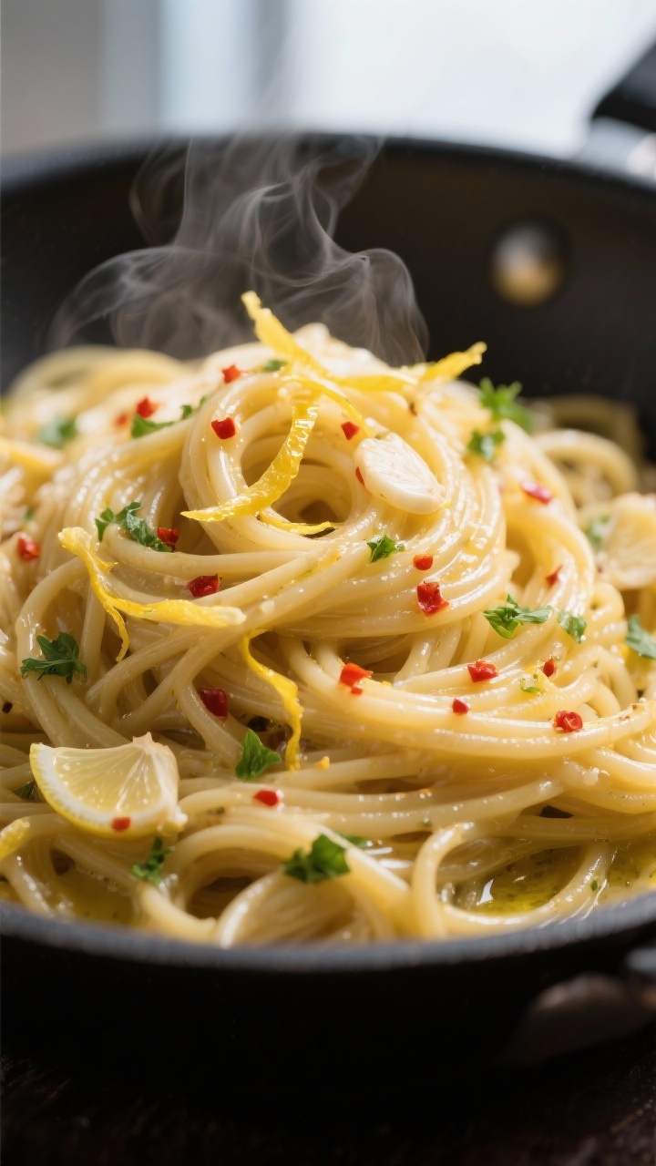 Close-up detail: Glossy spaghetti twirled in a skillet, coated in emulsified vegan garlic-butter sau