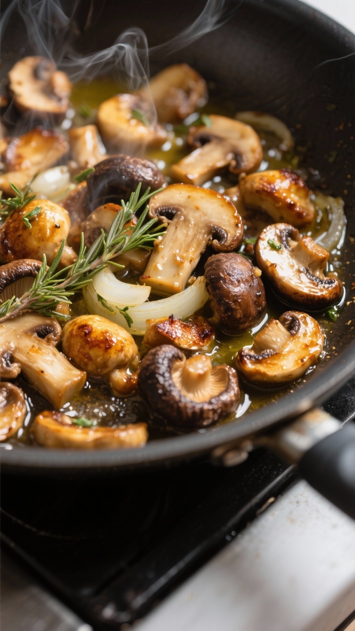 Close-up detail: Golden-browned mixed mushrooms (cremini, shiitake, and oyster) sizzling in a wide s