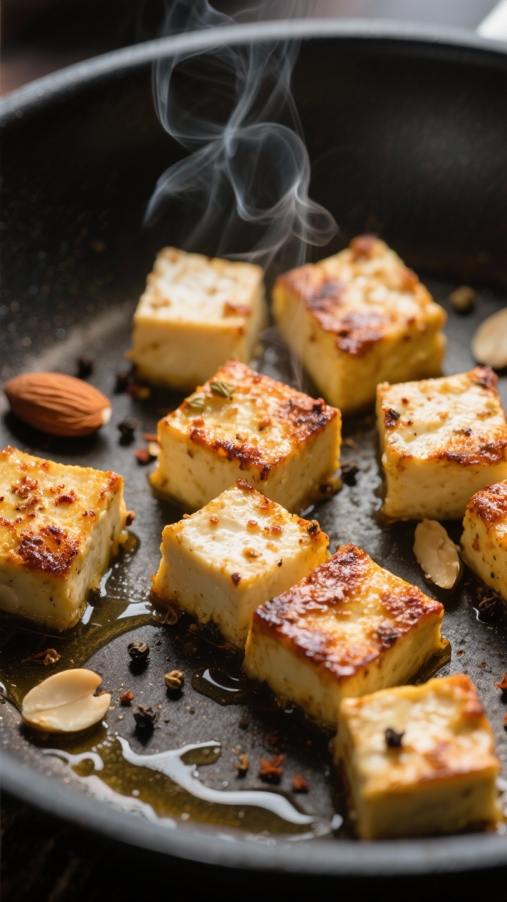 Close-up detail: Golden seared paneer cubes in a nonstick skillet, edges caramelized with cumin and 