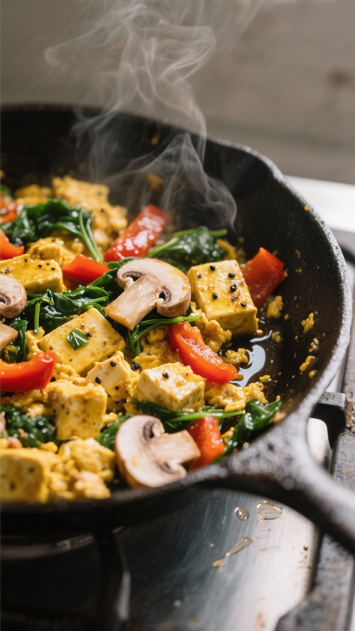 Close-up detail: Golden tofu scramble sizzling in a cast-iron skillet mid-cook, with lightly browned