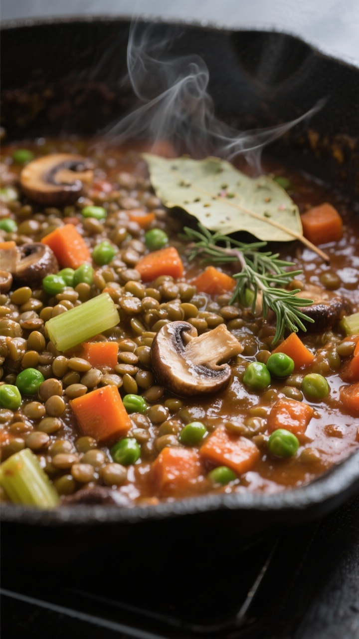 Close-up detail of the vegan lentil filling simmering in a skillet: glossy, thickened sauce clinging