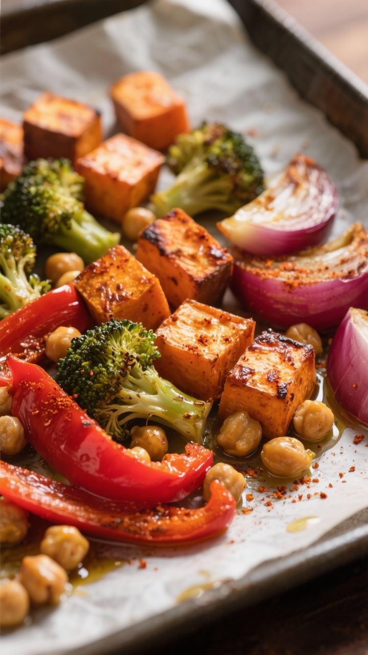 Close-up detail: Roasted sweet potato cubes, broccoli florets, red bell pepper strips, red onion wed