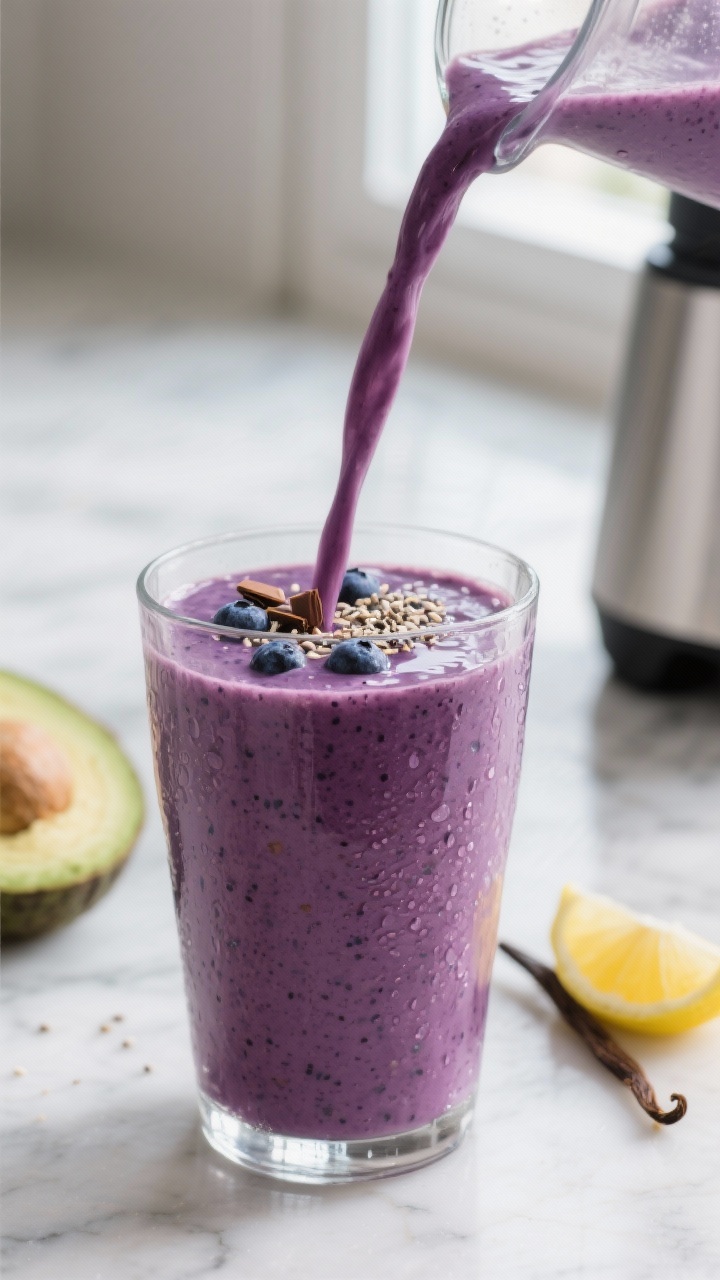 Close-up detail shot: A freshly blended blueberry avocado smoothie being poured into a chilled clear