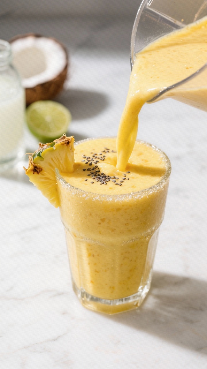 Close-up detail shot: A silky mango pineapple smoothie being poured from a blender into a chilled cl