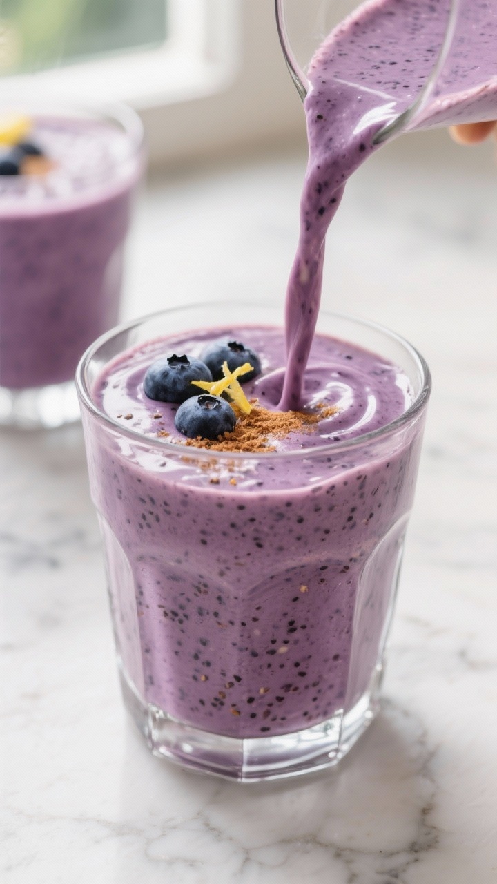 Close-up detail shot: A thick, freshly blended banana blueberry smoothie being poured into a chilled