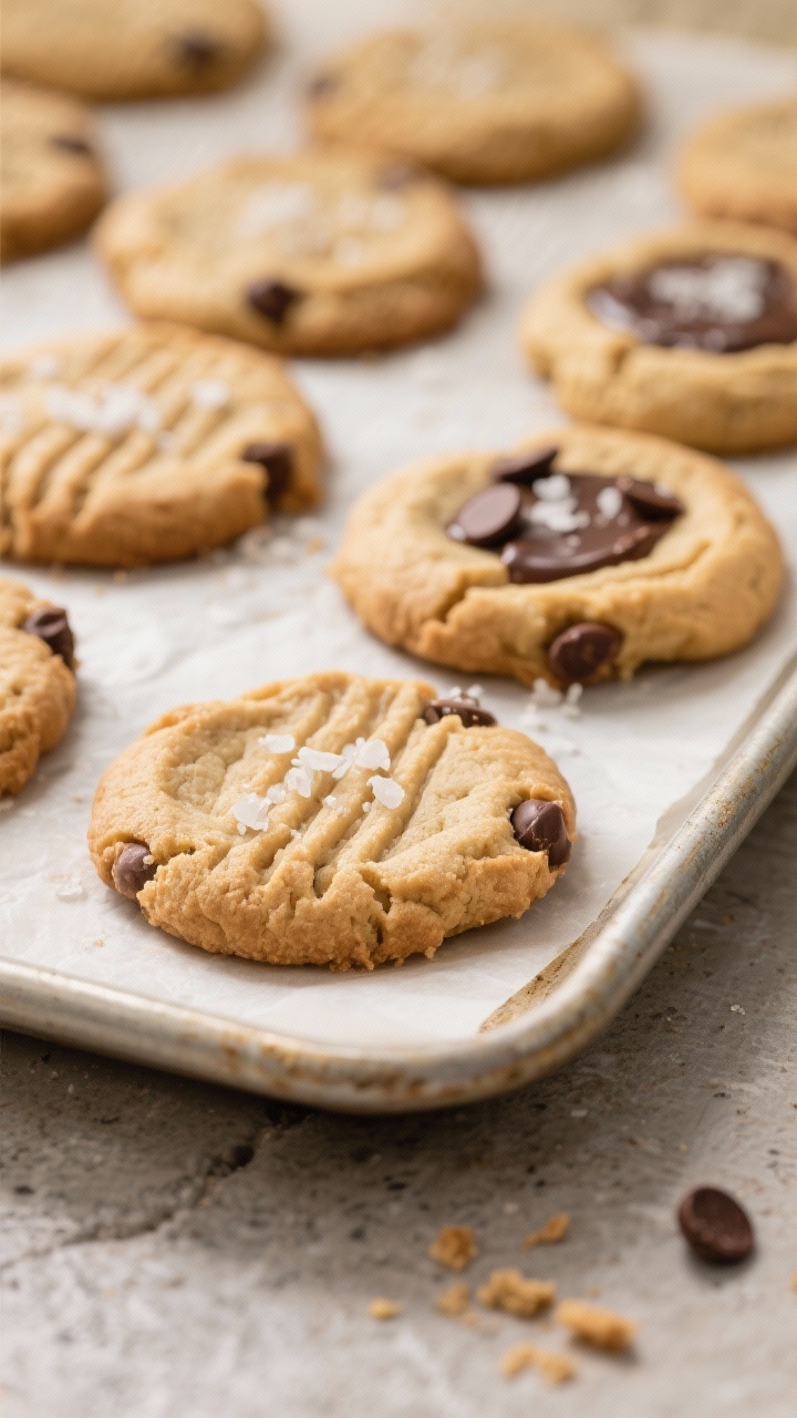 Close-up detail shot: A tray of freshly baked vegan peanut butter cookies just out of the oven, show