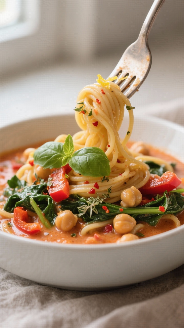 Close-up detail shot: Creamy vegan one-pot pasta twirling around a fork resting on the rim of a matt