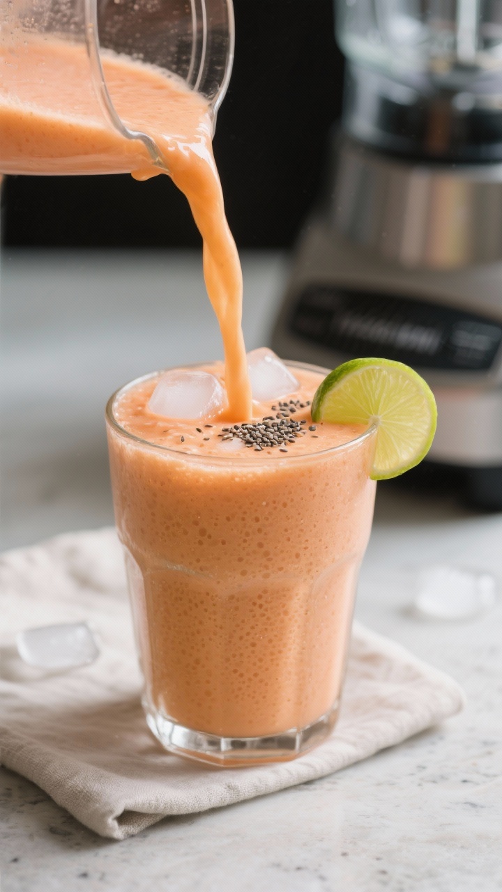 Close-up detail shot of a freshly blended creamy papaya smoothie being poured in a smooth ribbon int