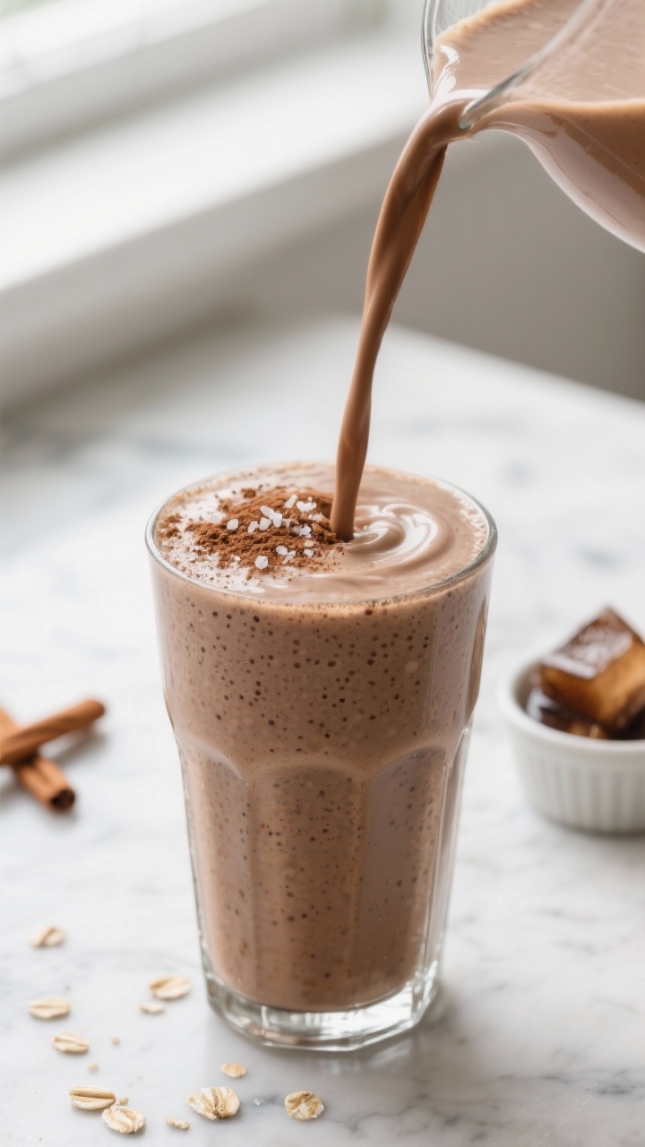 Close-up detail shot of a freshly blended high protein coffee smoothie being poured in a silky ribbo