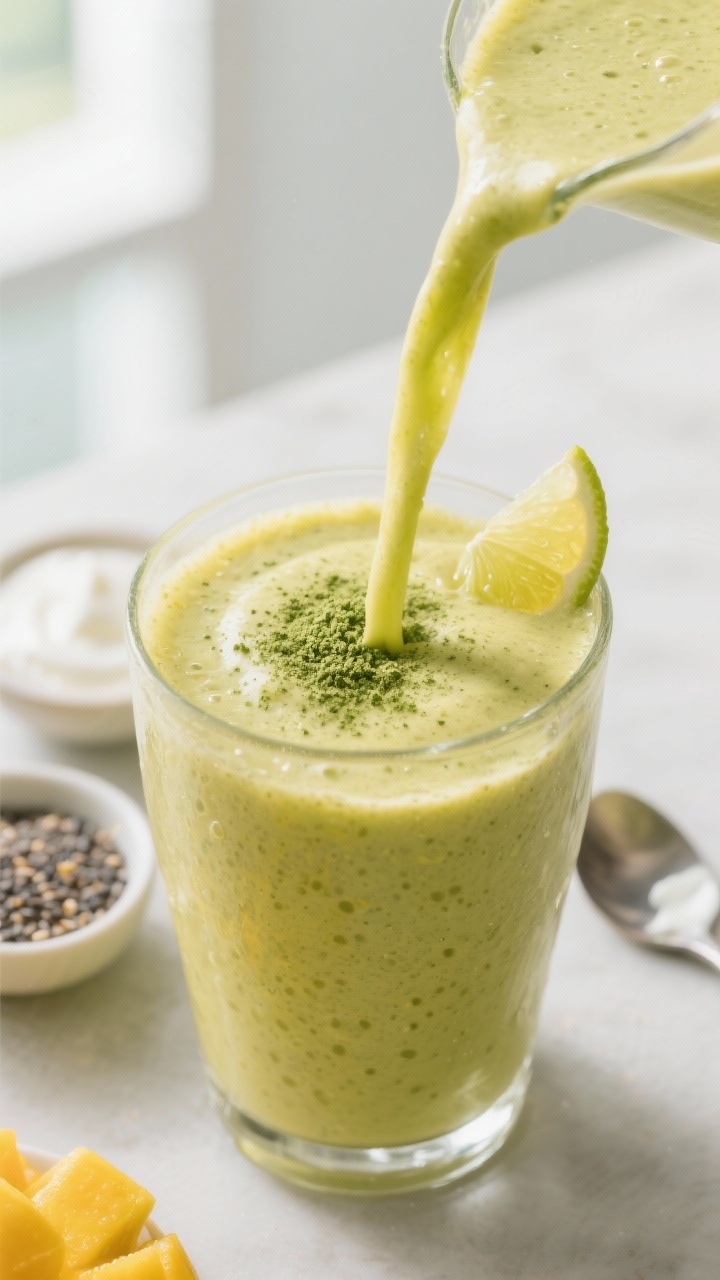 Close-up detail shot of a freshly blended matcha mango smoothie being poured in a thin ribbon into a