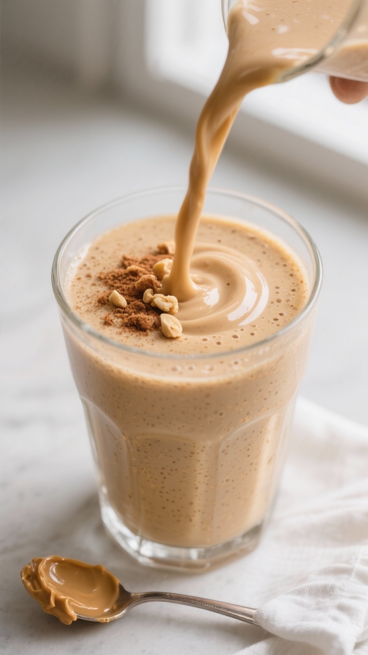 Close-up detail shot of a freshly blended peanut butter banana smoothie being poured in a silky ribb