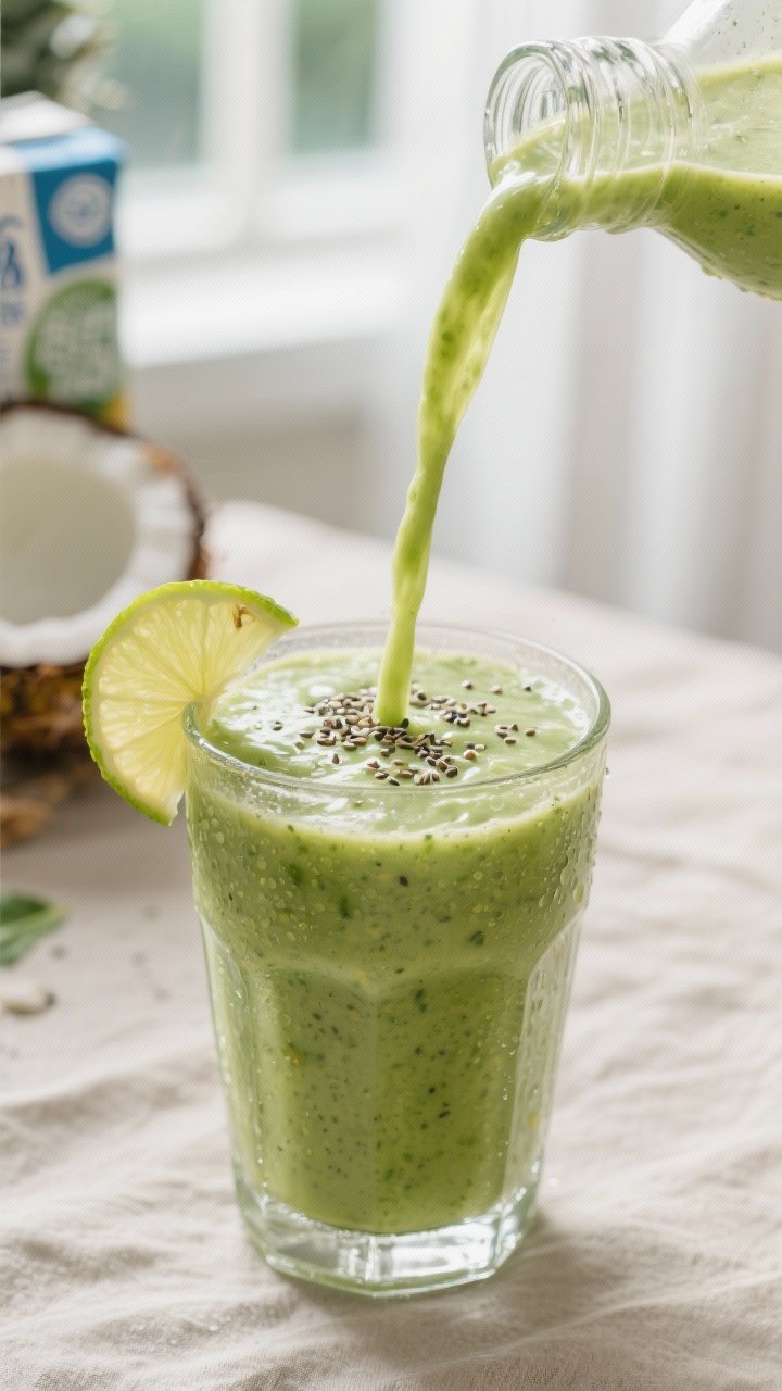 Close-up detail shot of a freshly blended pineapple green smoothie being poured in a silky ribbon in