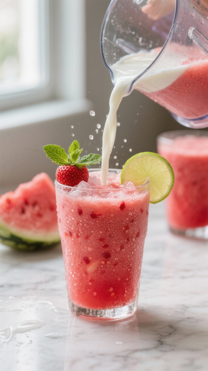Close-up detail shot of a freshly blended strawberry watermelon smoothie being poured in a silky rib