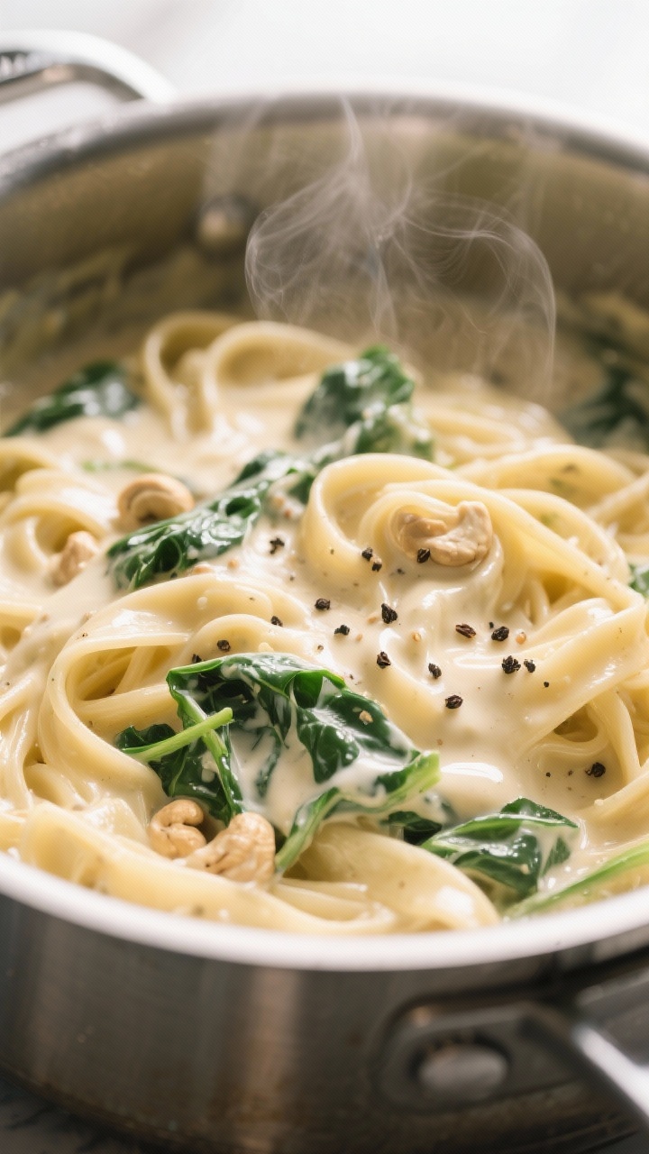 Close-up detail: Silky cashew Alfredo sauce clinging to al dente fettuccine as it’s tossed in a po