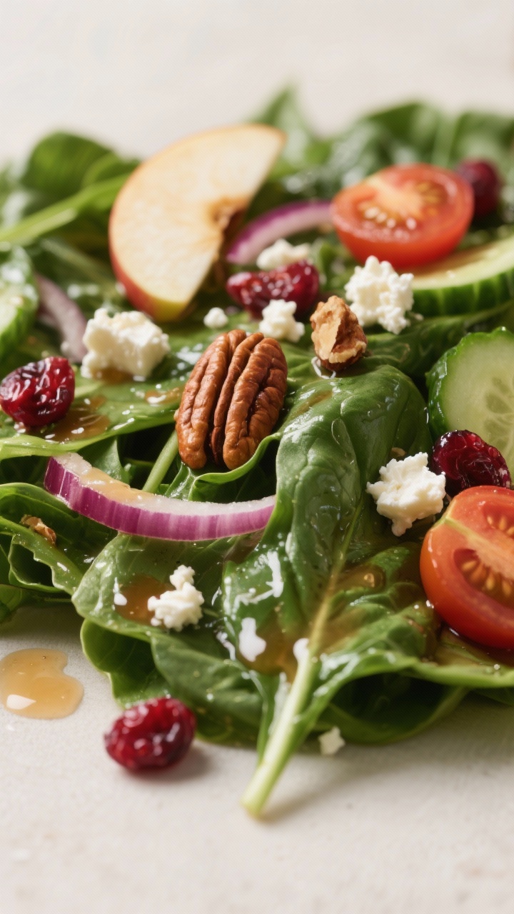 Close-up detail: Tossed baby spinach salad just after dressing, glistening light sheen on dry spinac