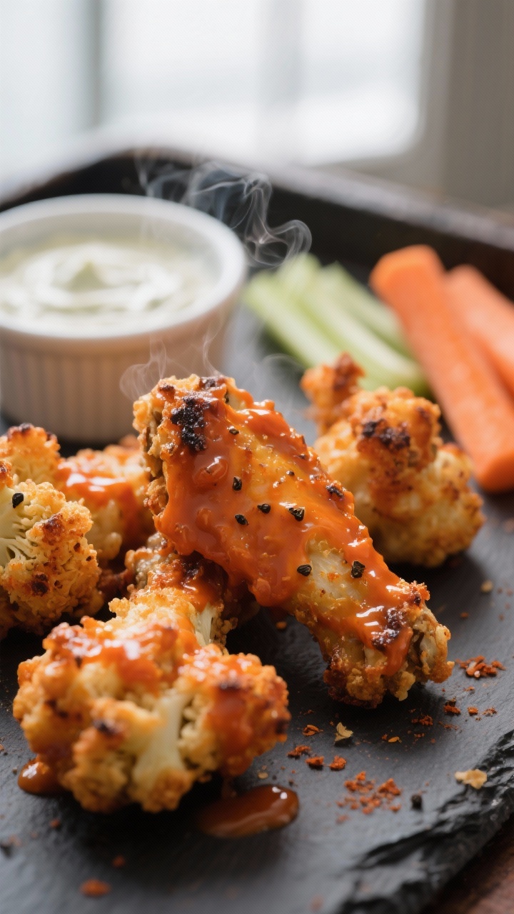 Close-up detail: Ultra-crisp vegan cauliflower buffalo wings just out of the oven after the final ba