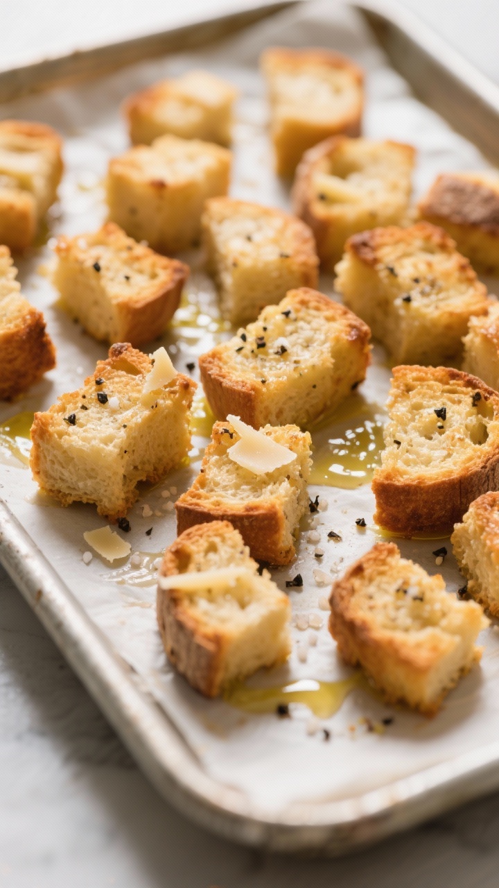 Close-up detail: Warm, golden croutons just out of the oven on a parchment-lined sheet pan, glisteni