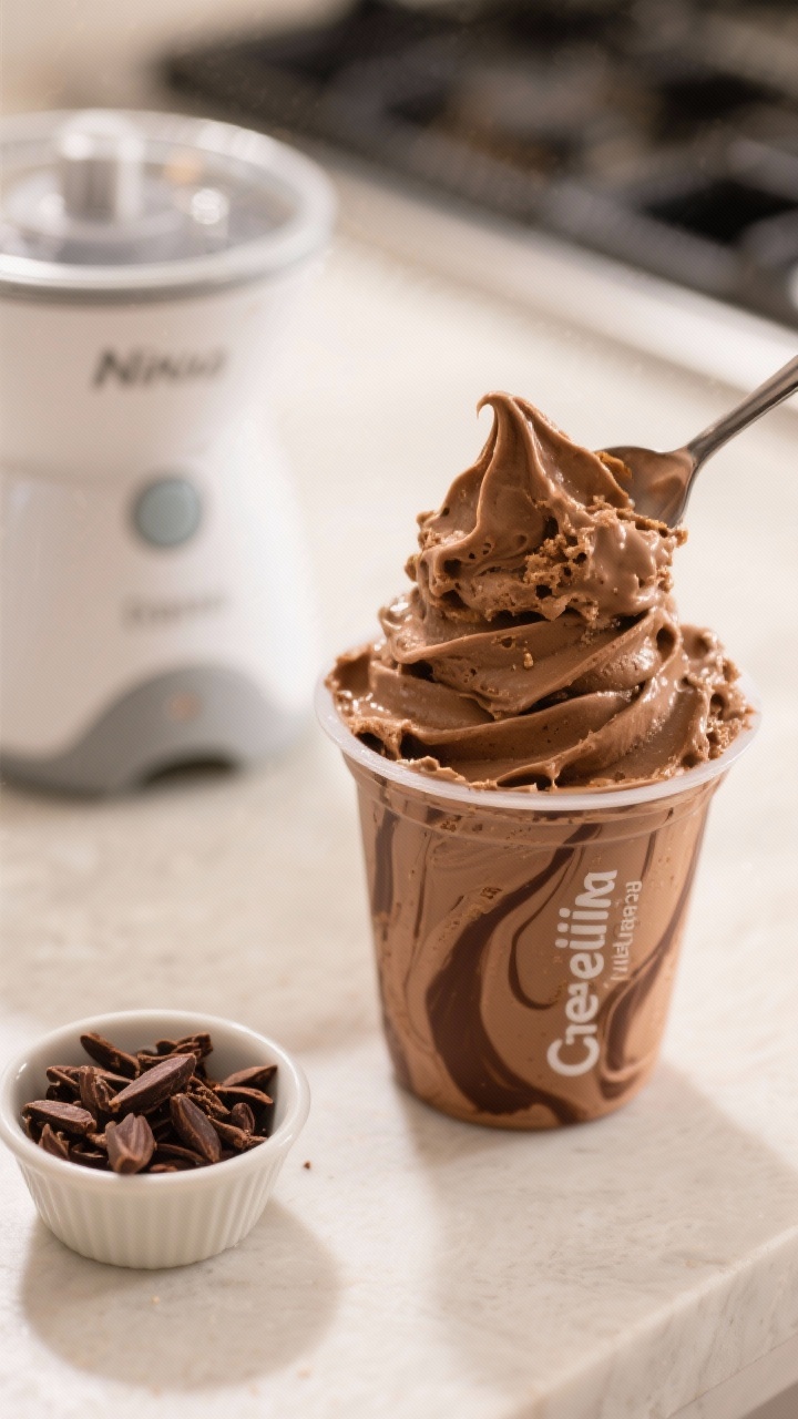 Close-up process shot of the Ninja Creami pint just after the first Re-Spin: creamy chocolate peanut