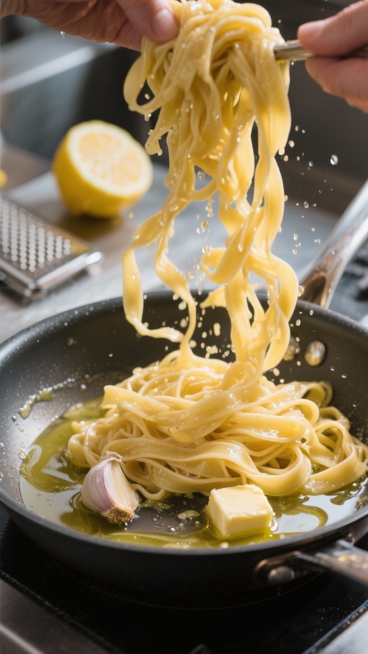 Cooking process: Action shot of pasta being tossed in the pan to emulsify—drained fettuccine mid-t
