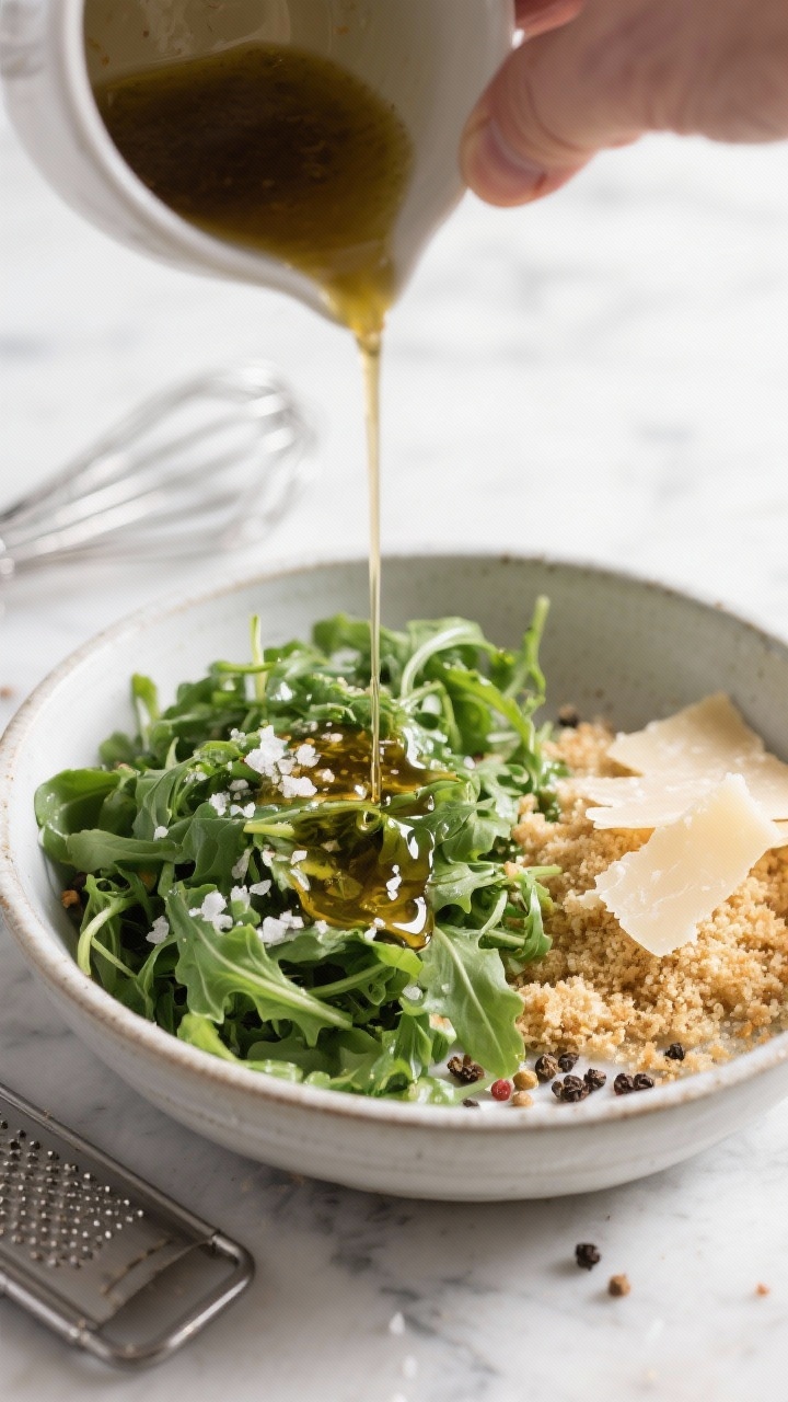 Cooking process: Arugula being gently dressed in a large bowl—two-thirds of the vinaigrette drizzl