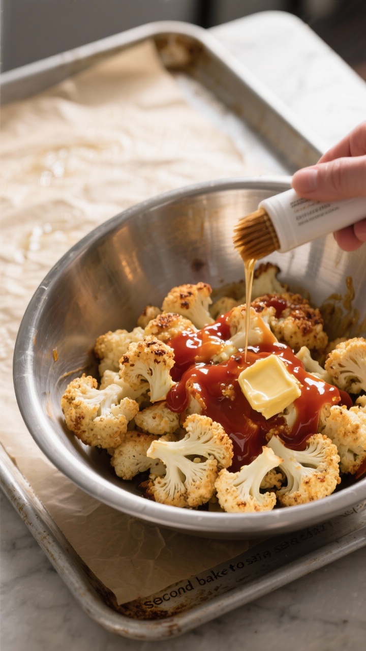 Cooking process: Baked, battered cauliflower florets being gently tossed in a large stainless steel 