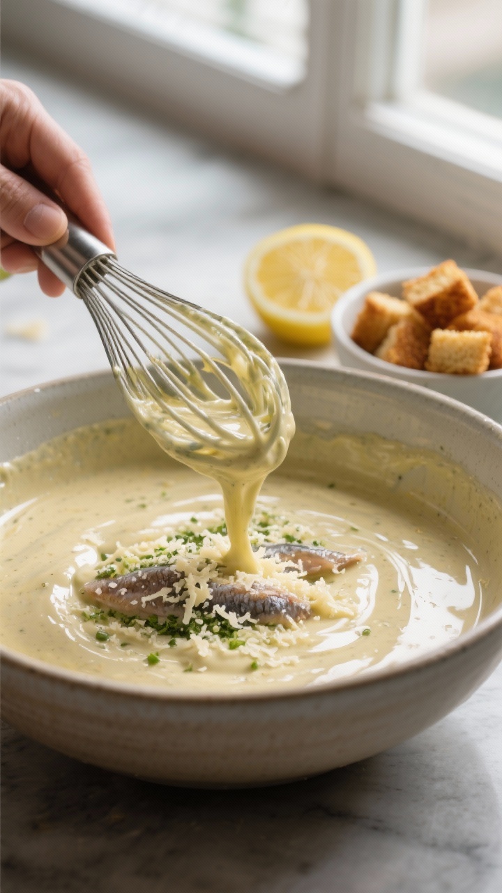 Cooking process: Caesar dressing being emulsified in a large mixing bowl—glossy, thick, and clingi