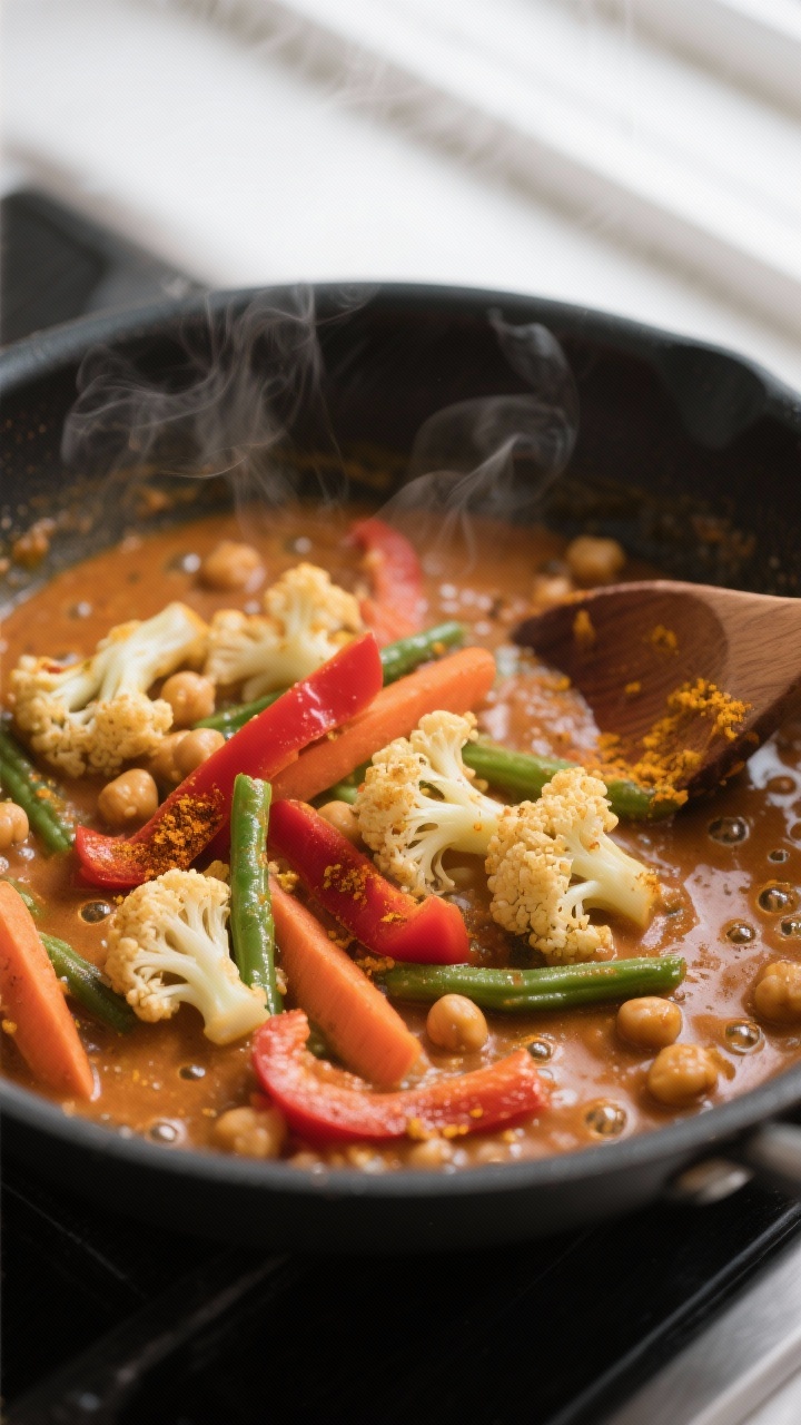 Cooking process close-up: A skillet of vegan coconut curry at a gentle simmer, showing tender caulif