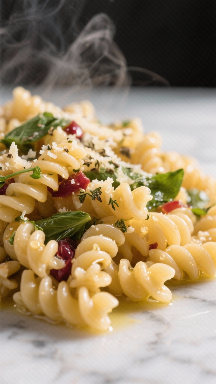 Cooking process close-up: Al dente rotini just drained and rinsed, steaming slightly, glistening wit