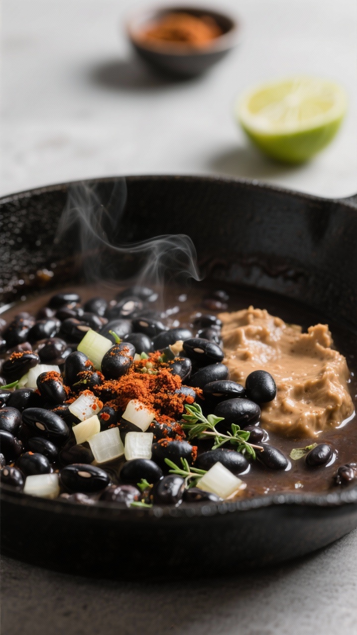Cooking process close-up: Black beans simmering in a skillet with softened diced onion and minced ga