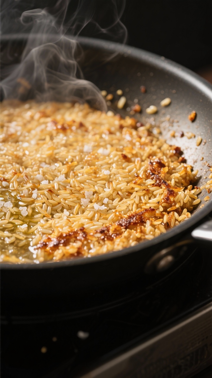Cooking process close-up: Golden crispy rice in a large skillet, pressed into a thin, even layer and