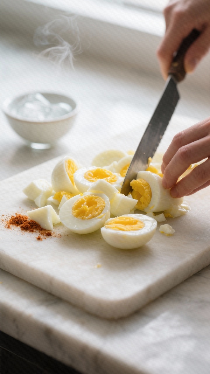 Cooking process close-up: Just-peeled hard-boiled eggs being chopped into a mix of small and medium 