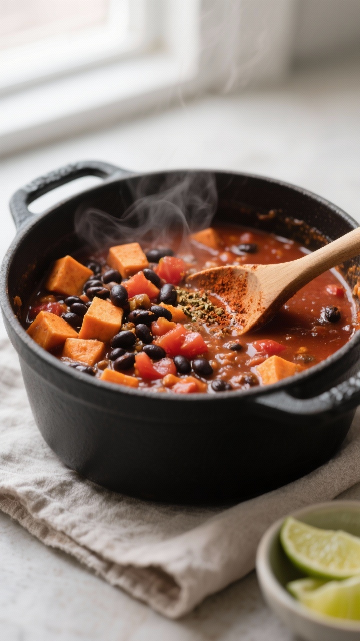 Cooking process — Close-up of vegan sweet potato and black bean chili simmering in a matte black D
