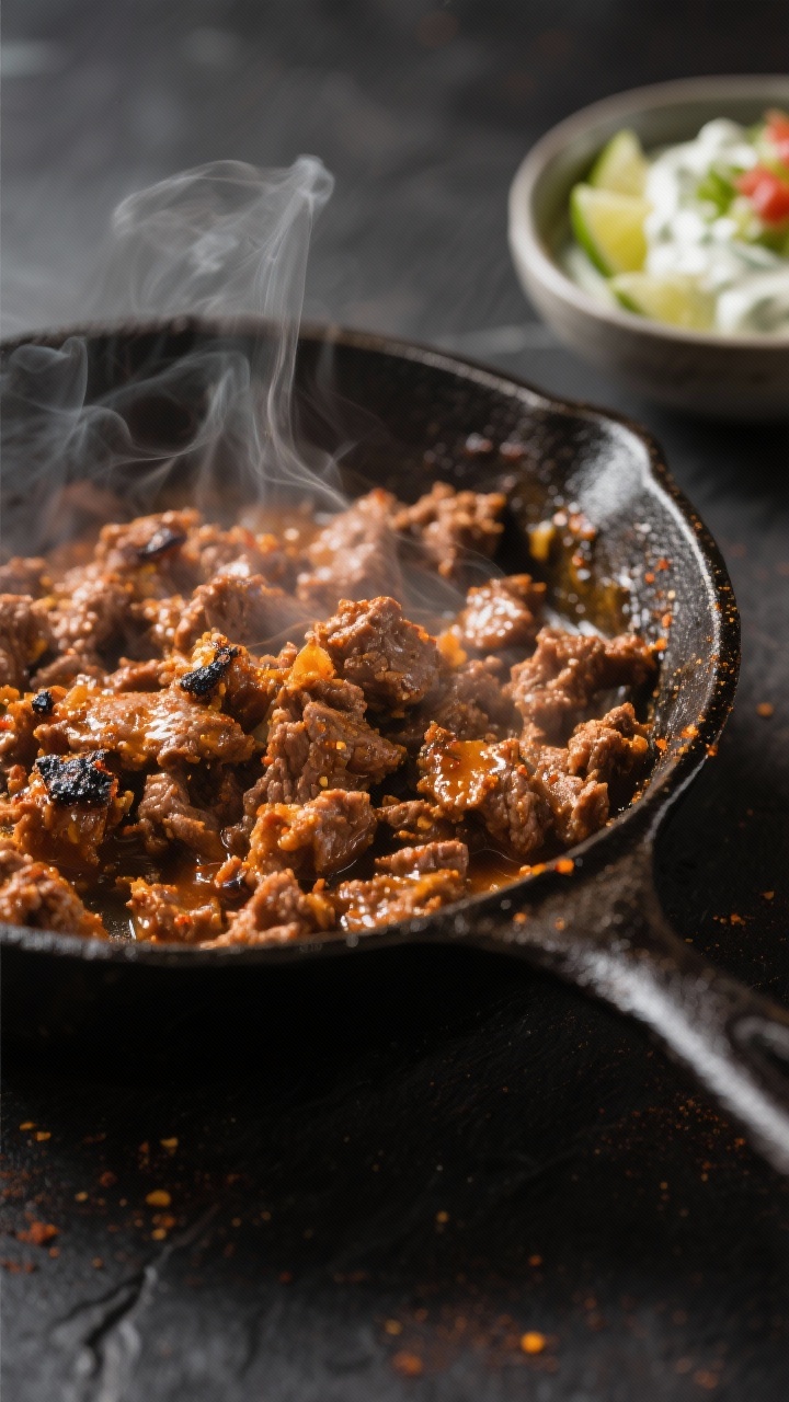 Cooking process close-up: Seasoned taco meat sizzling in a cast-iron skillet, browned crumbles glist