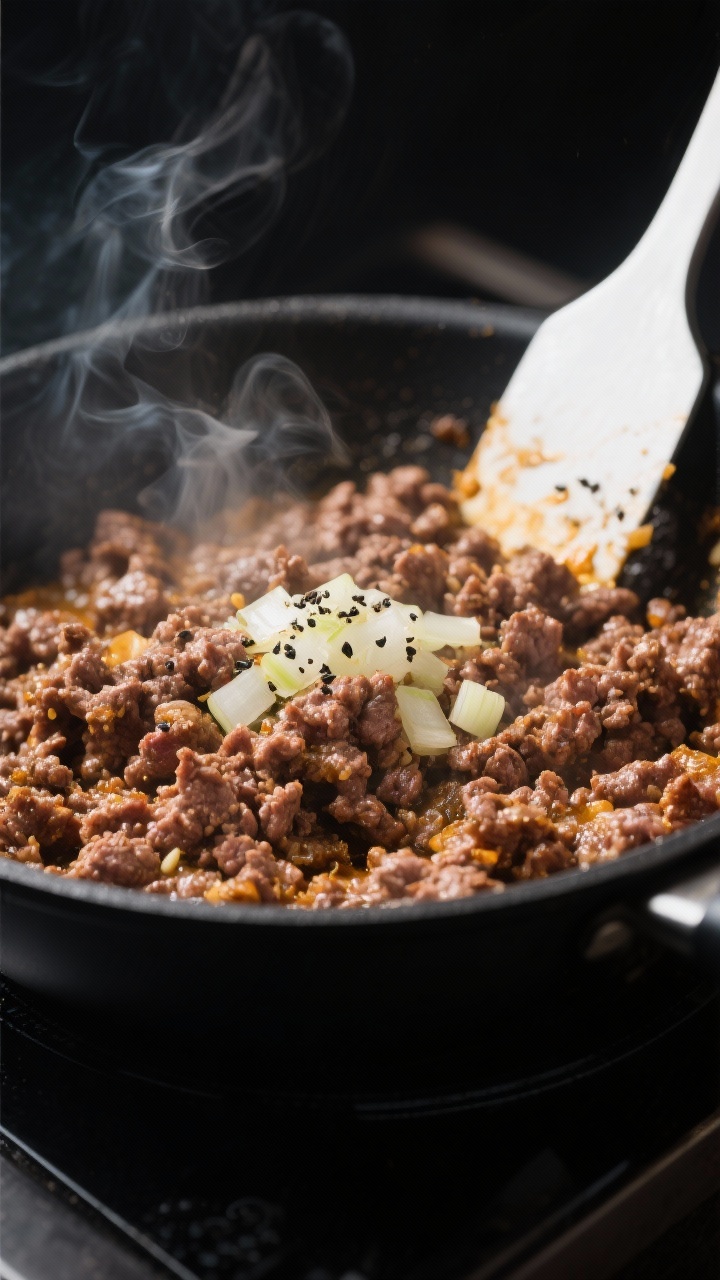 Cooking process close-up: Sizzling browned lean ground beef in a black skillet, crumbled into juicy 