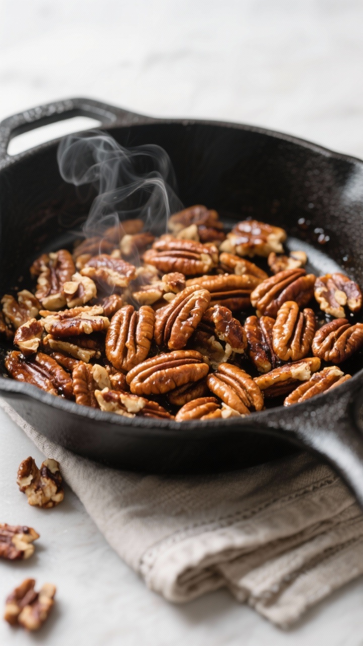 Cooking process close-up: Toasted pecans in a matte black skillet just off the heat, deeply golden a