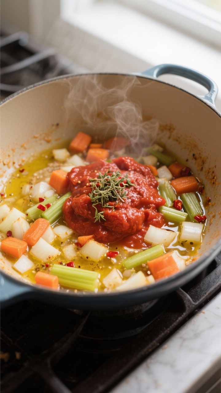 Cooking process close-up: Tomato paste and aromatics being sautéed in a wide Dutch oven, showing di