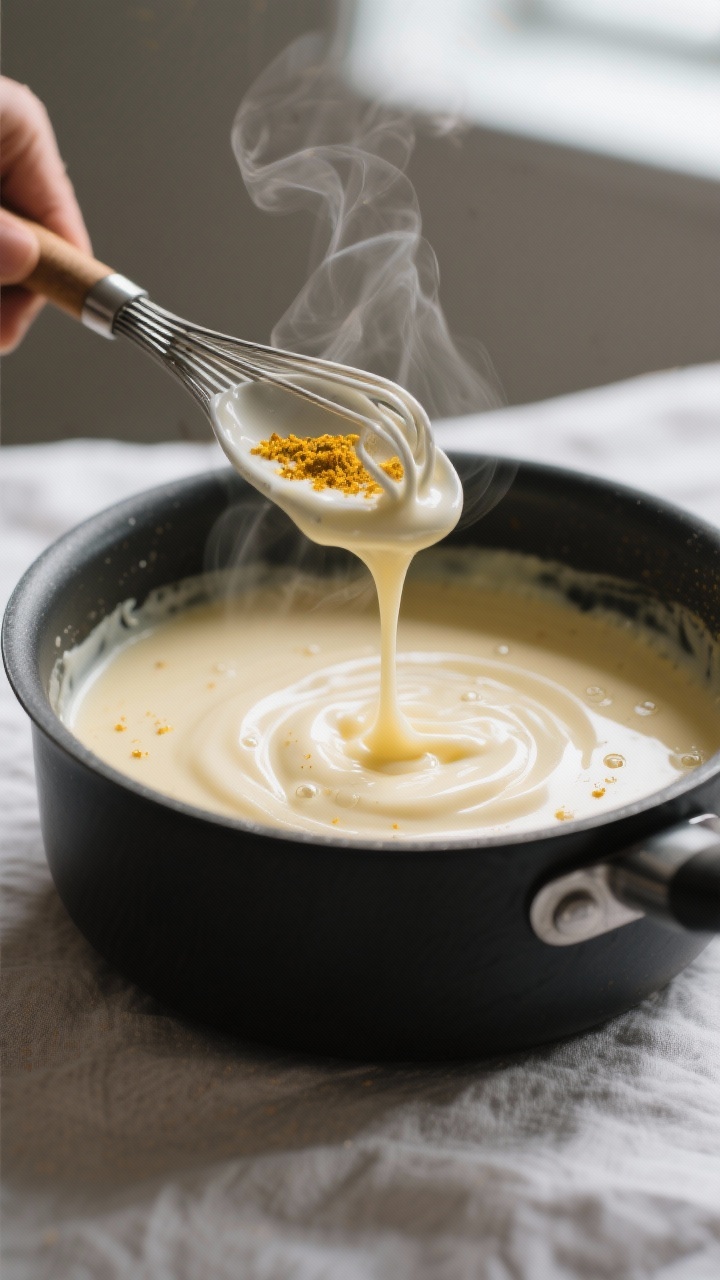 Cooking process close-up: Warm vegan vanilla custard thickening in a matte black saucepan, silky coc