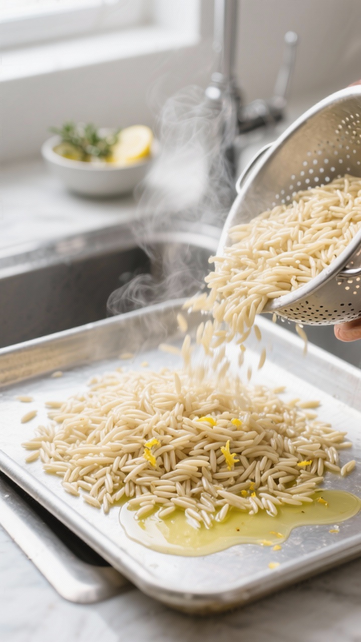 Cooking process — orzo being drained and cooled: A steaming colander of just-cooked al dente orzo 