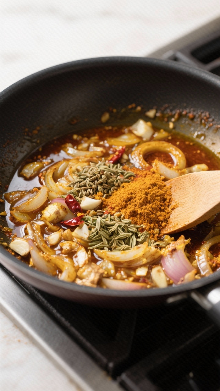 Cooking process: Overhead shot of spices blooming in oil in a wide sauté pan—golden sautéed onio